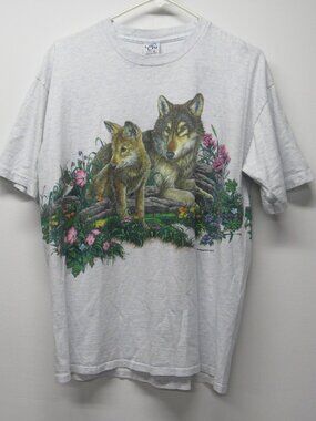 Vtg 90s Cal Cru Wolf Pup Hummingbird Floral Heathered T Shirt Adult sz L 1996
